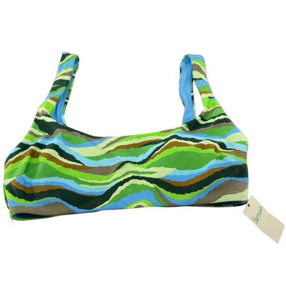 Aerie Scoop Bikini Top XS Retro Abstract Stripe Blue Green Padded Swimwear NWT - Picture 2 of 7